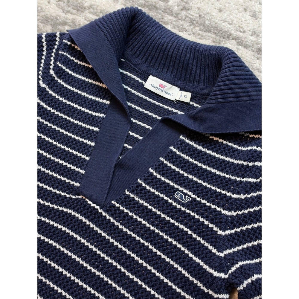 Vineyard Vines Sweater Women XS Navy Striped Short Sleeve Crochet Knit Polo